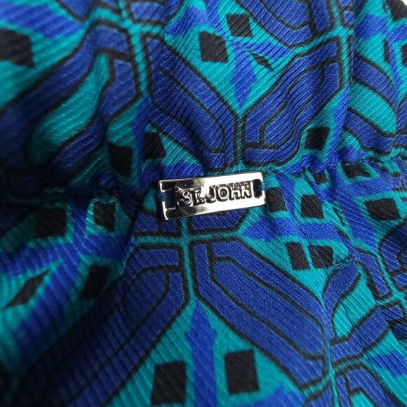 ST JOHN Ratan Print Stretch Silk Twill Pants Ankle Crop Azurite Boho Blue Large - Picture 6 of 7